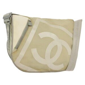 Authentic CHANEL Sports Shoulder Bag Nylon Beige Silver CC